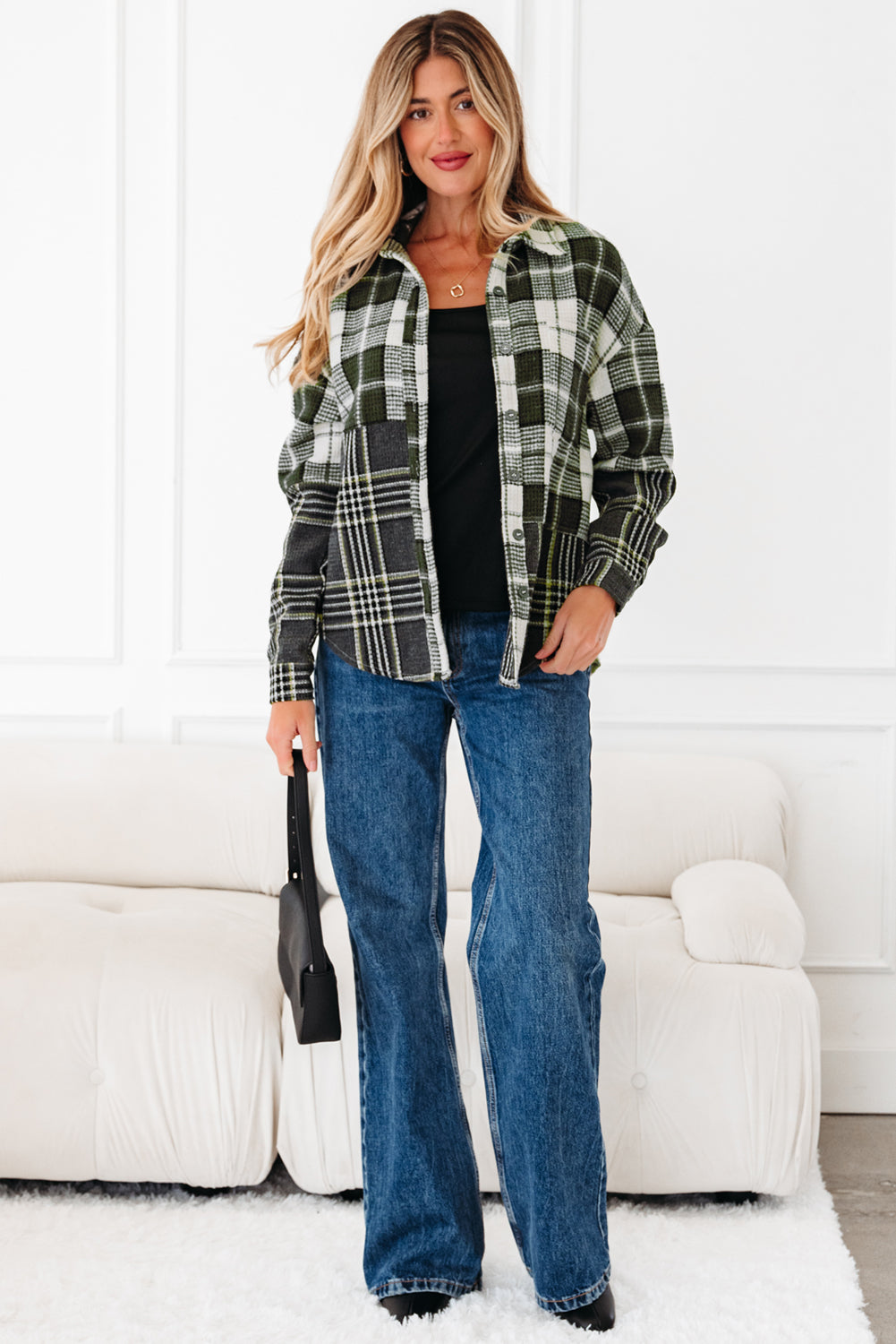 Plaid Textured Knit Buttoned Shacket