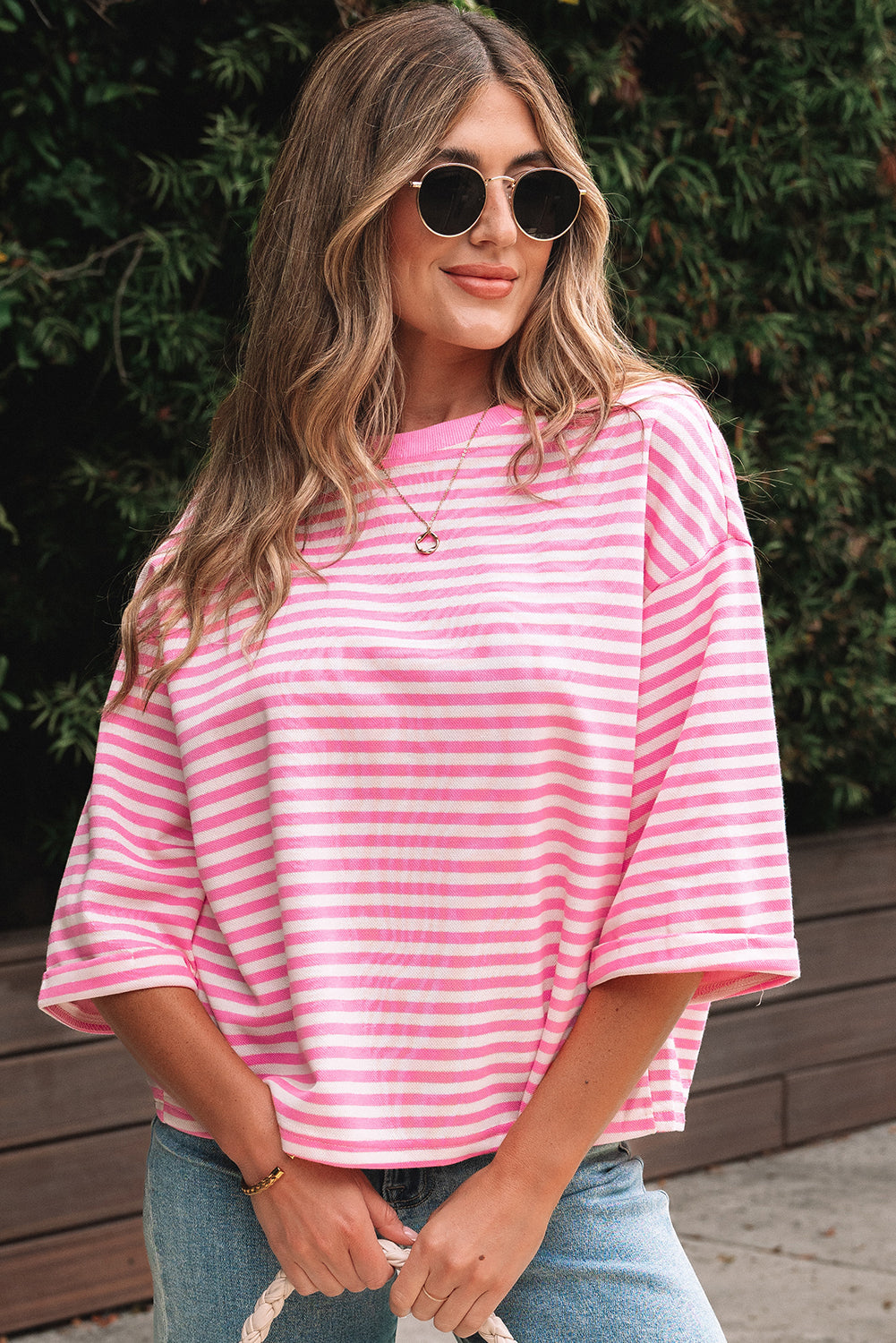 Stripe Bowknot Cutout Back Drop Shoulder Tee