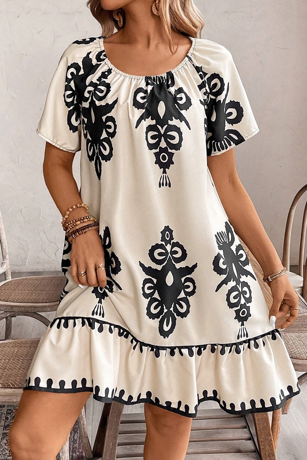 Western Print Ruffled Loose Dress