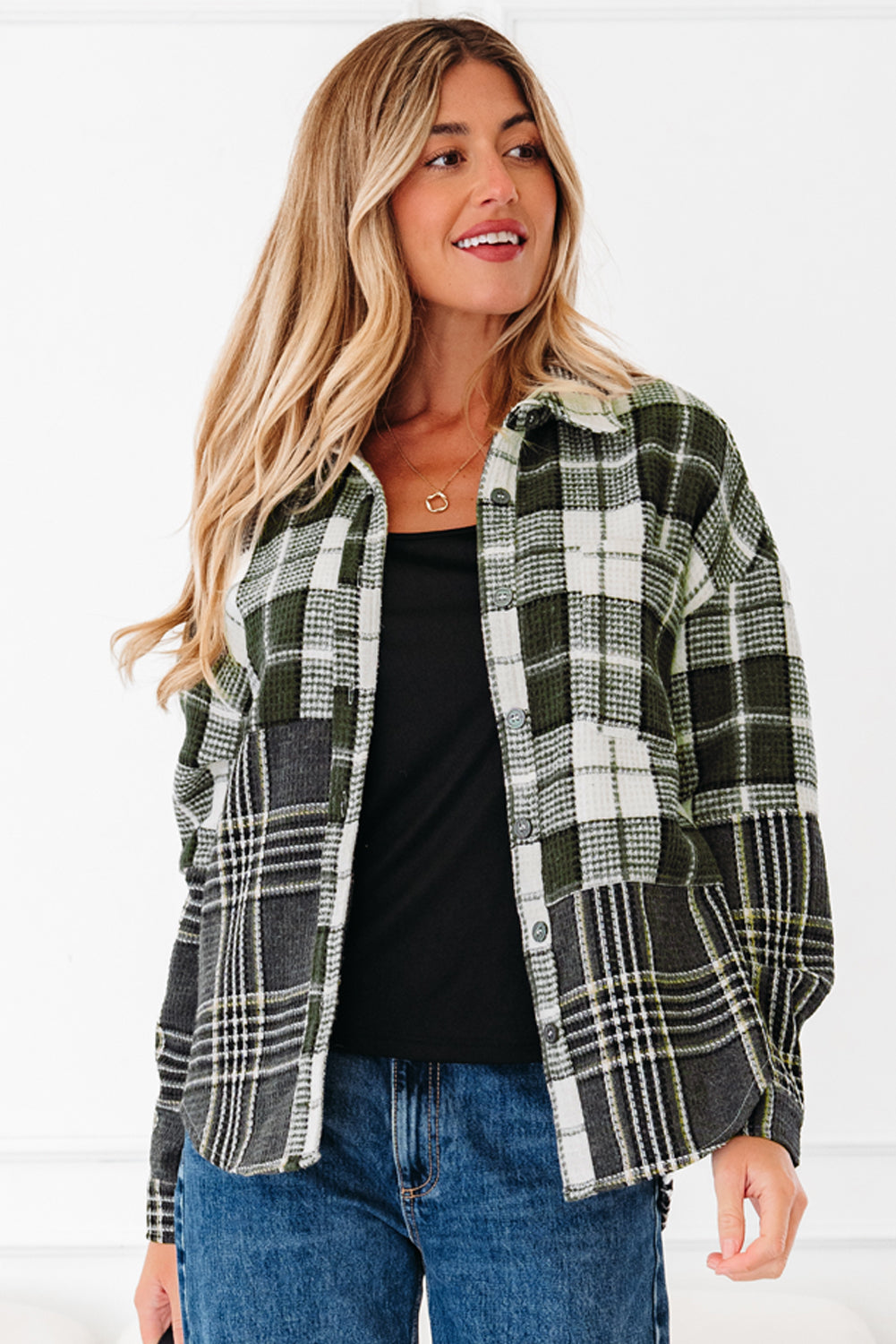 Plaid Textured Knit Buttoned Shacket