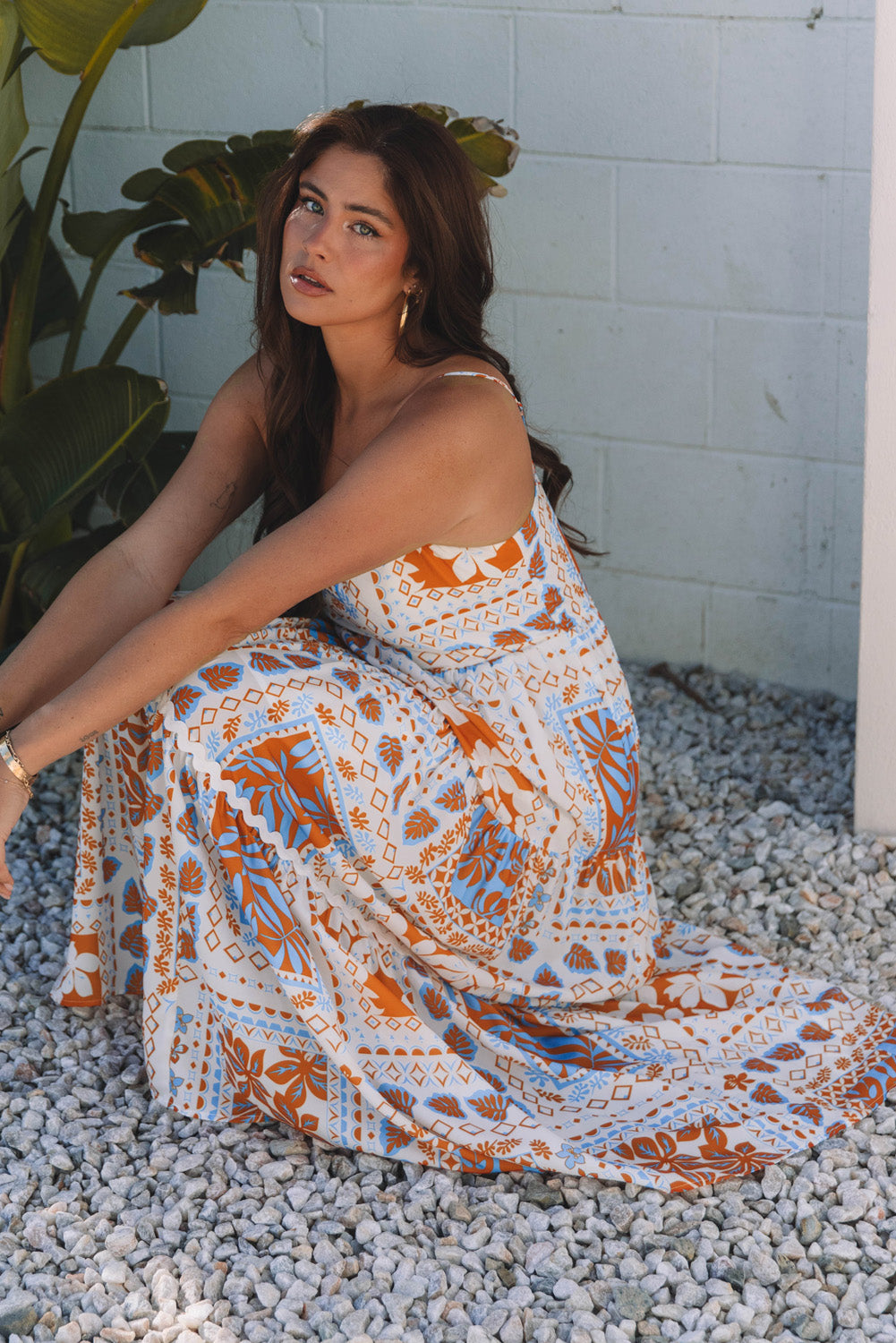 Orange Multi Printed Ricrac Trim Spaghetti Straps Maxi Dress