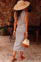 Striped Sleeveless Buttoned Maxi Dress