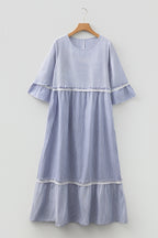 Sky Blue Stripe Patchwork Crossed Lace Detail Bracelet Sleeve Maxi Dress