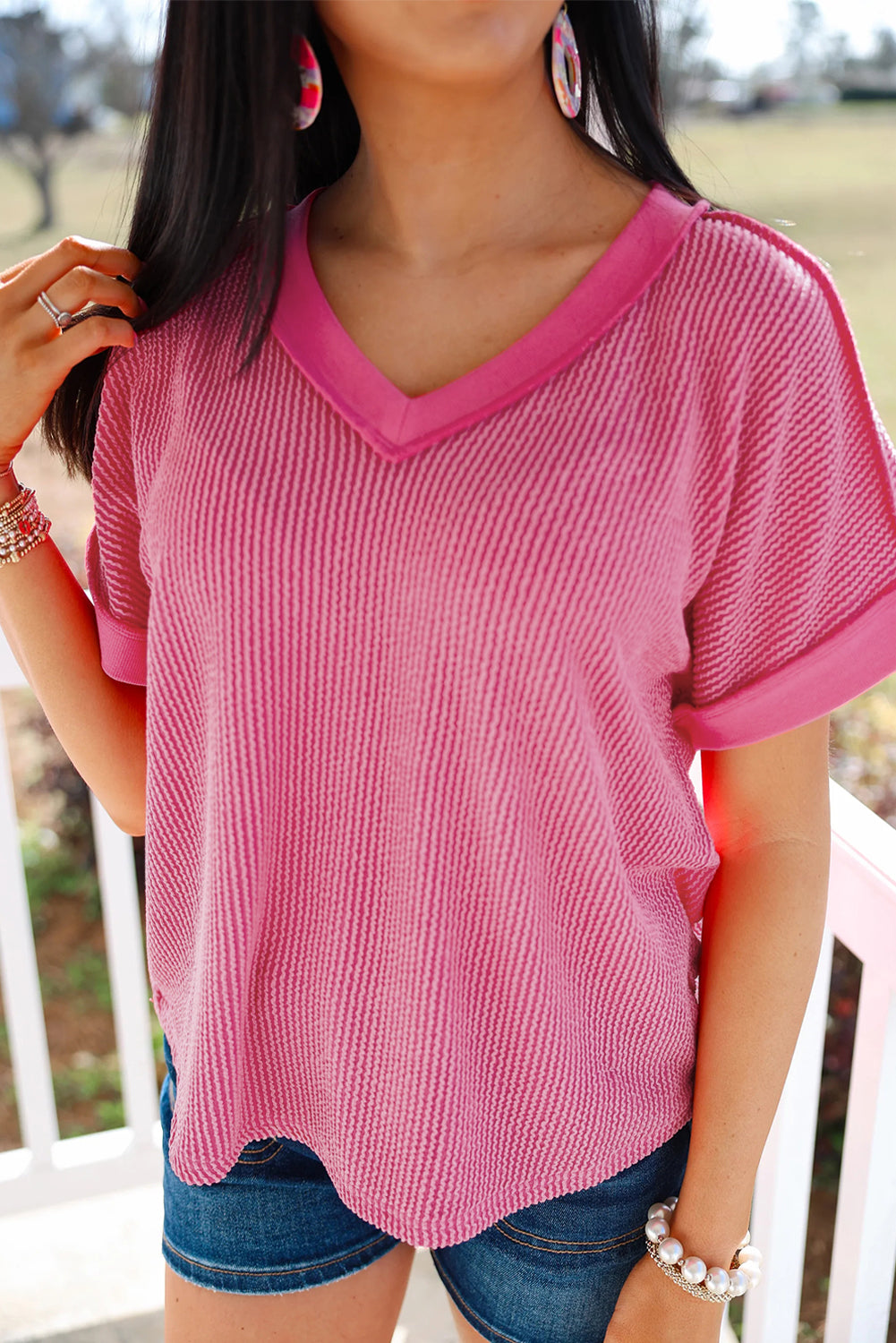 Rose Red Twisted Ribbed Knit Tee