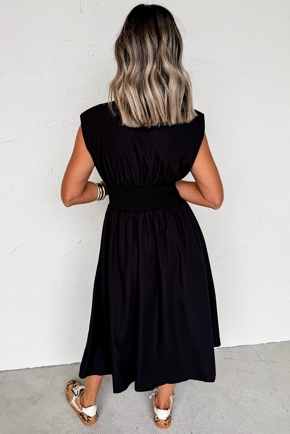 Black Zipped Front Shirred Waist Maxi Dress