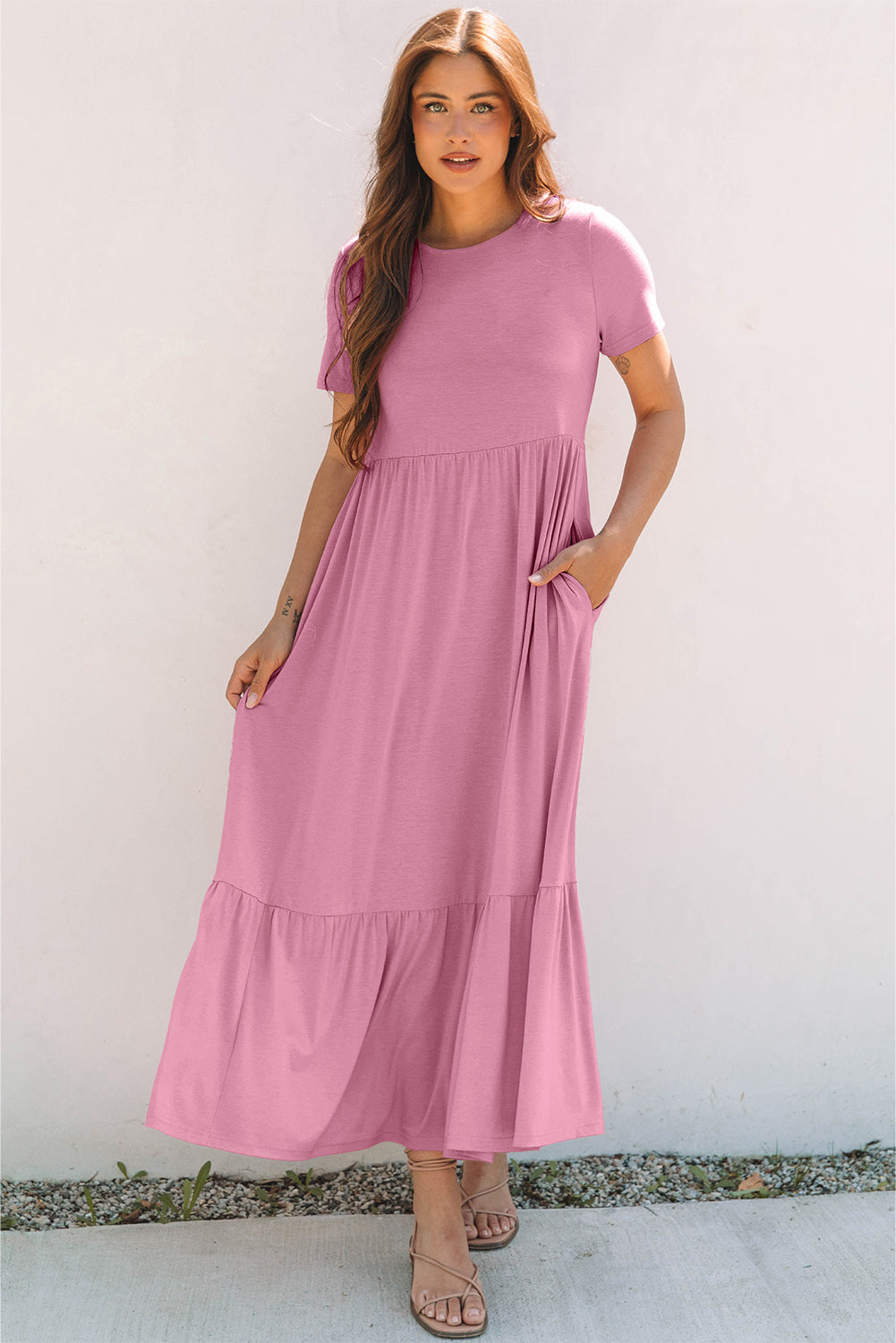 Pink T-shirt High Waist Pocketed Long Dress