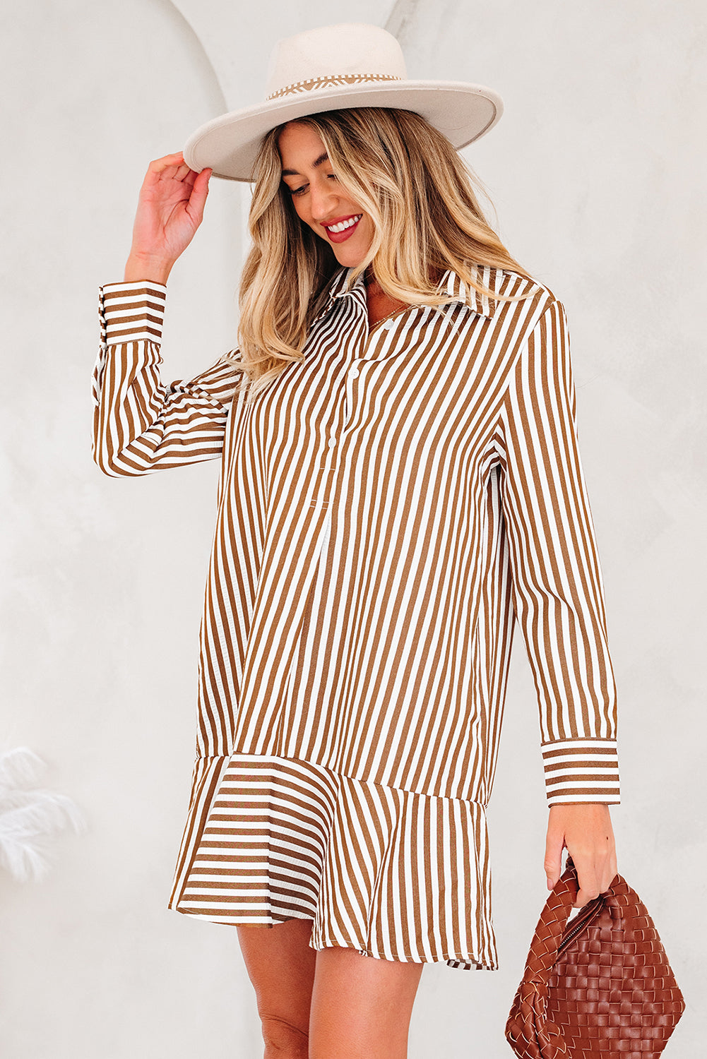 Striped Ruffled Hem Shirt Mini Dress
