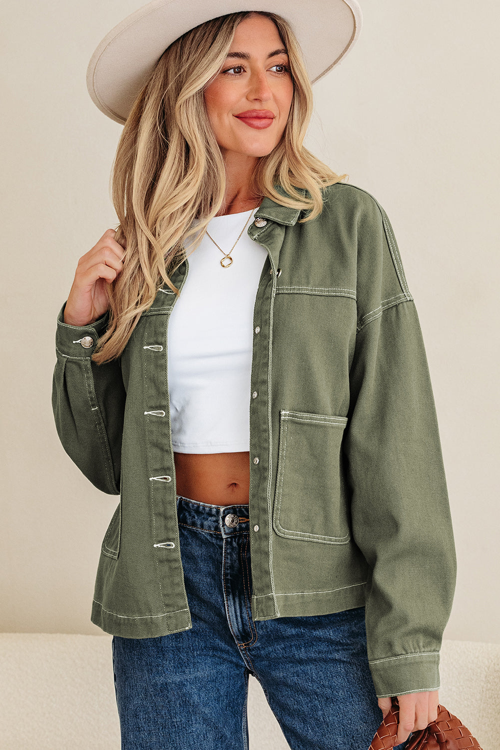 Green Collared  Boyfriend Denim Jacket