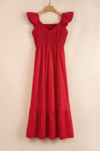 Fiery Red V Neck Flutter Sleeve Smocked Bodice High Waist Ruffle Maxi Dress