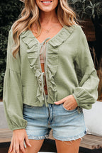 Mist Green Bow Tie Long Sleeve Blouse