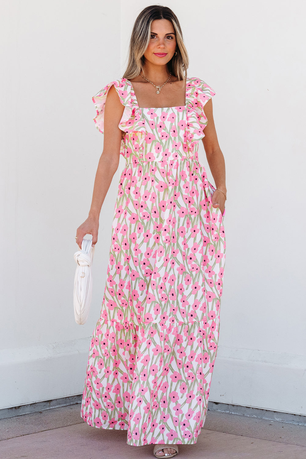 Floral Print Ruffled Strap Maxi Dress