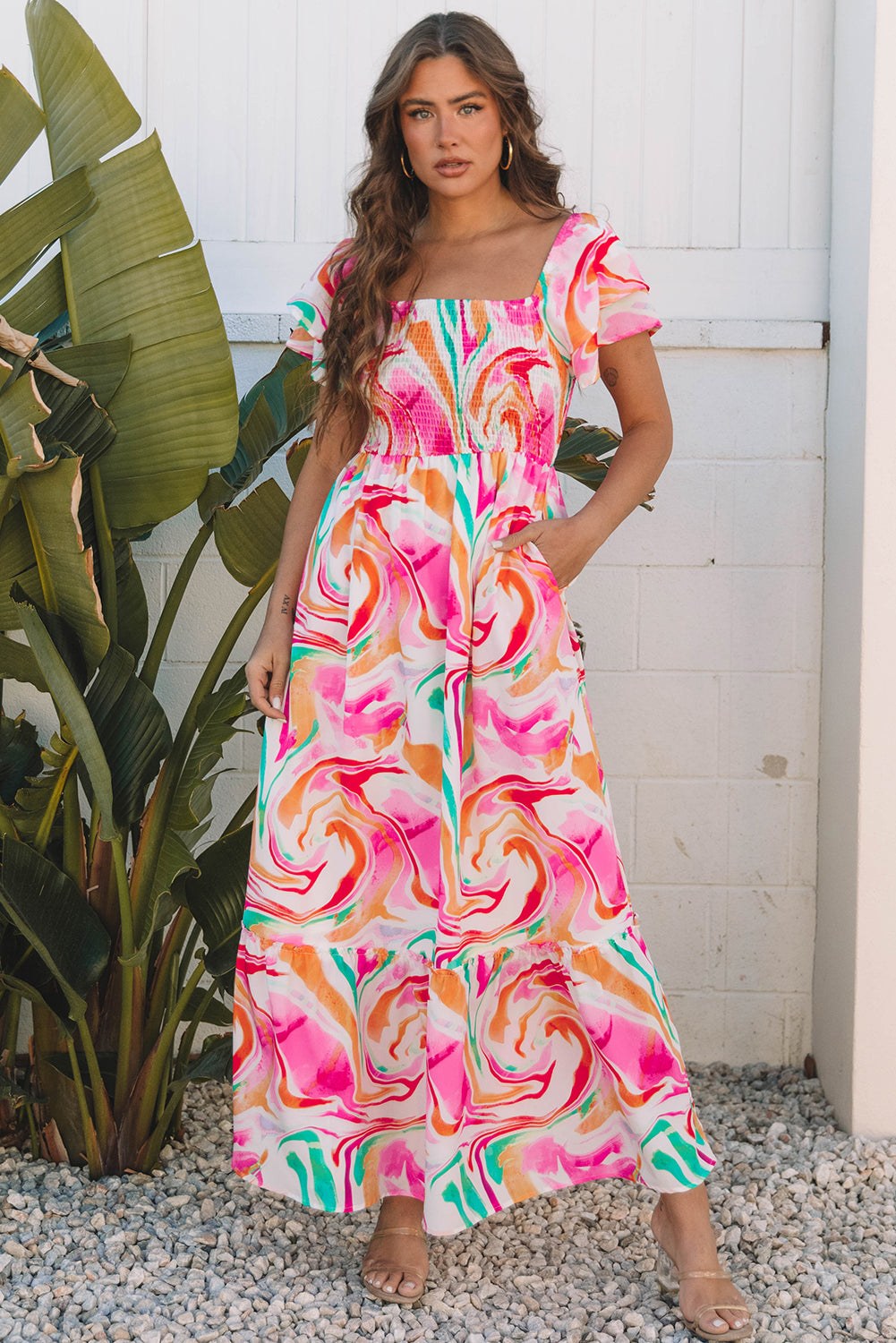 Pink Abstract Print Smocked Bust Maxi Dress