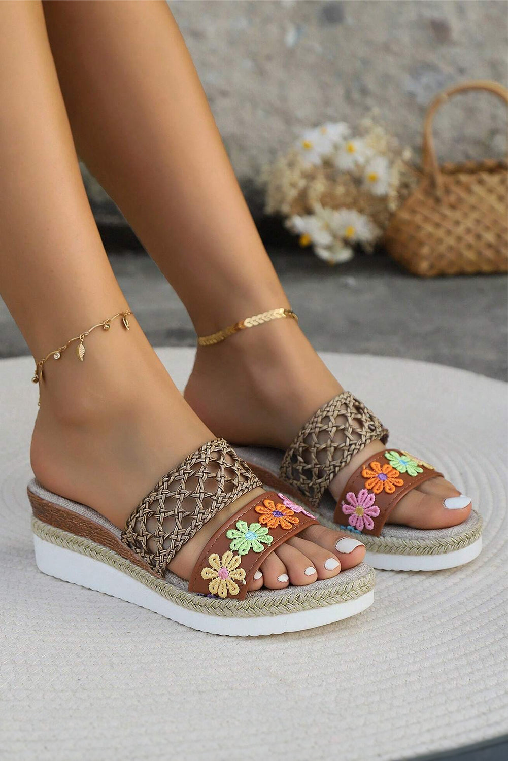 Floral Print Braided Wedge Slippers