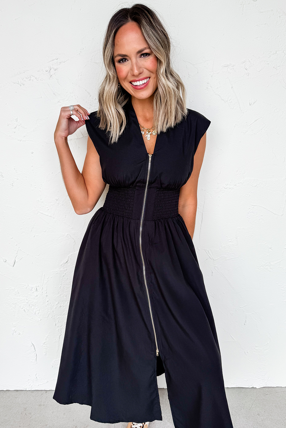 Black Zipped Front Shirred Waist Maxi Dress