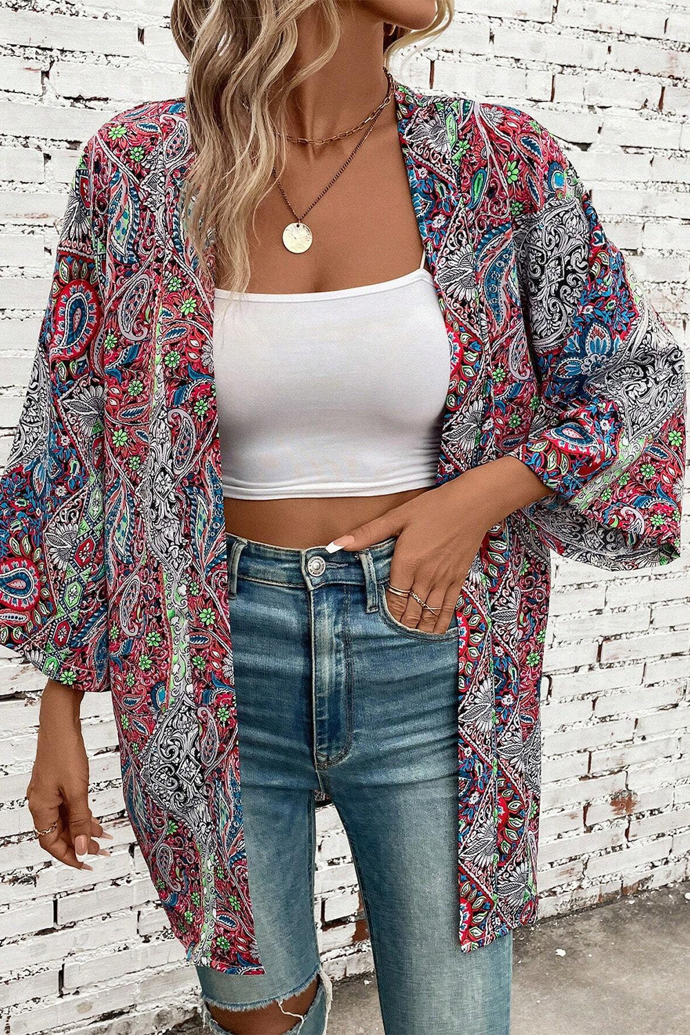 Red Paisley Print Kimono