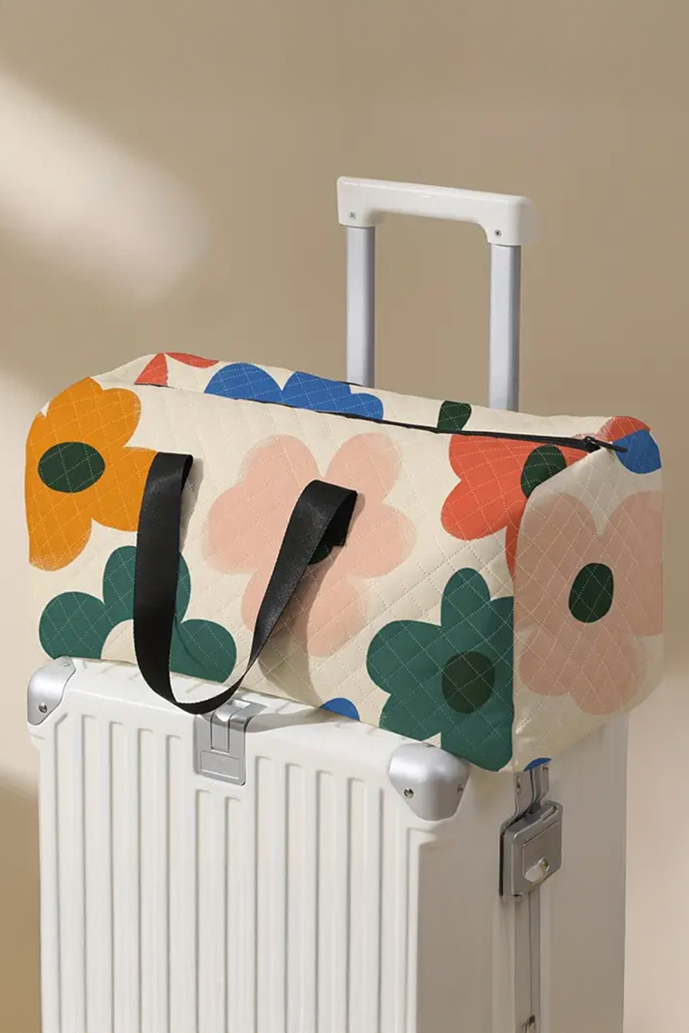 White Flower Print Quilted Duffel Bag