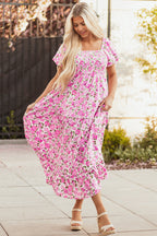 Pink Dainty Floral Smocked Puff Sleeve Flowy Long Dress