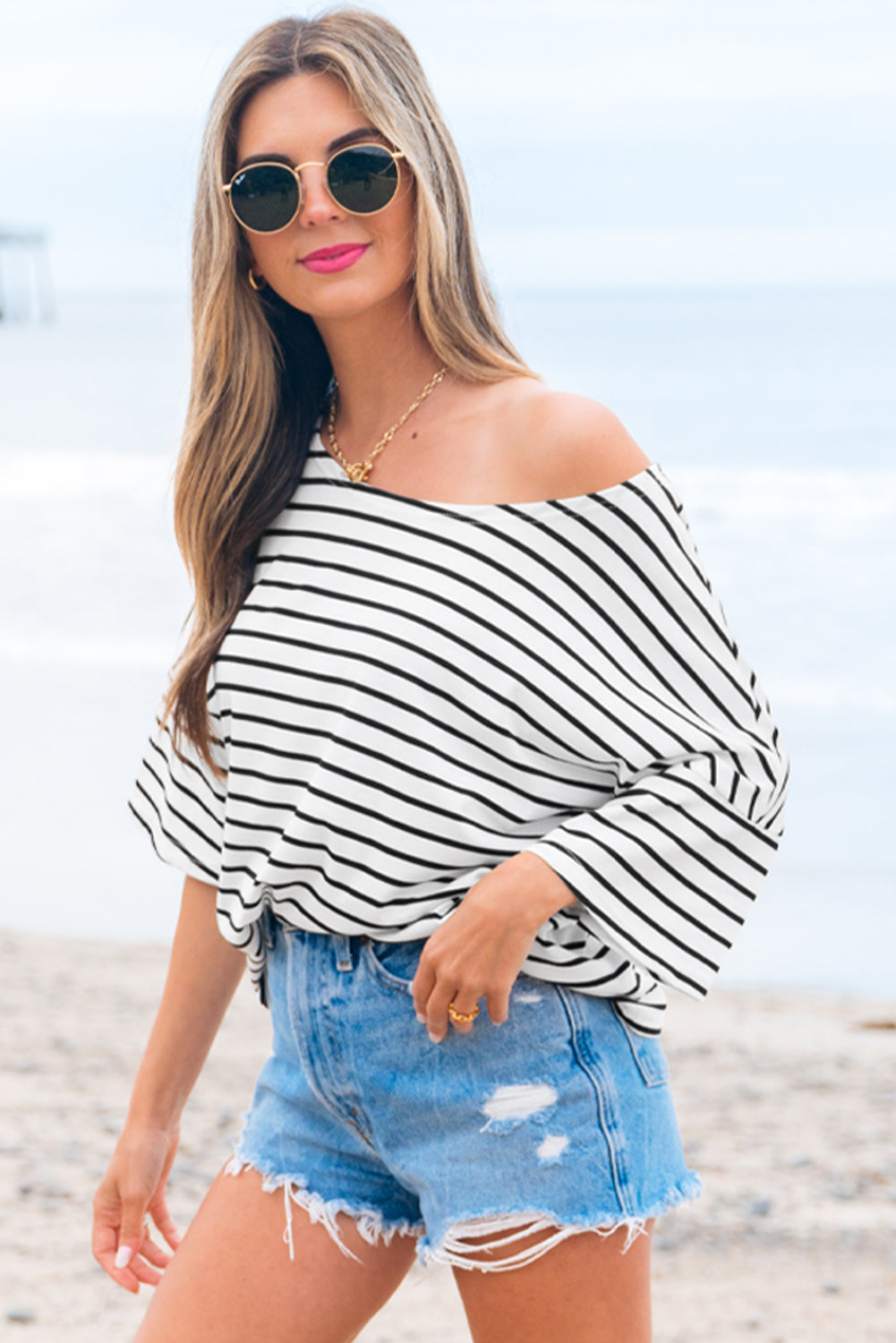 Stripe Half Sleeve Scoop Neck Top