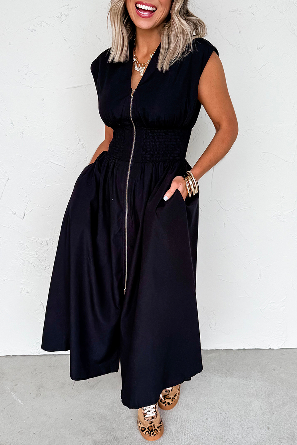 Black Zipped Front Shirred Waist Maxi Dress