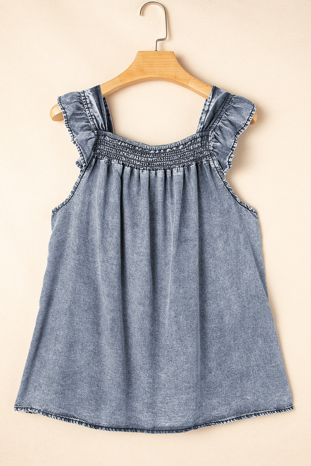 Ruffled Shirred Neckline Denim Tank