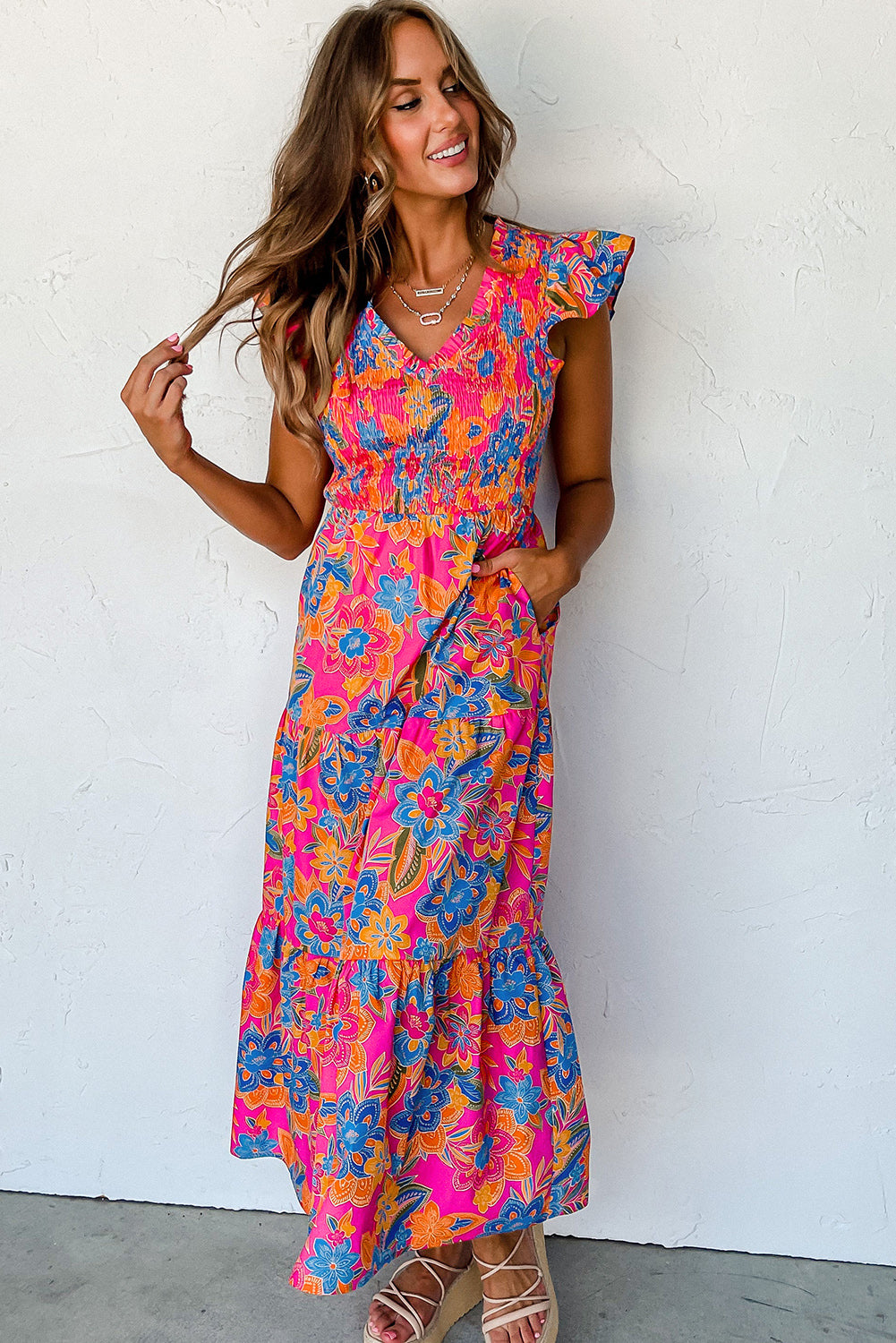 Rose Red Boho Floral Long Dress