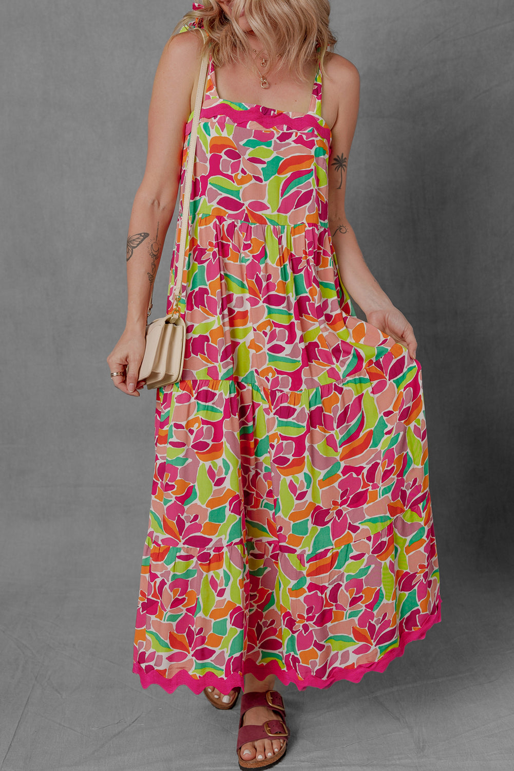 Floral Tied Straps Ricrac Trim Maxi Dress
