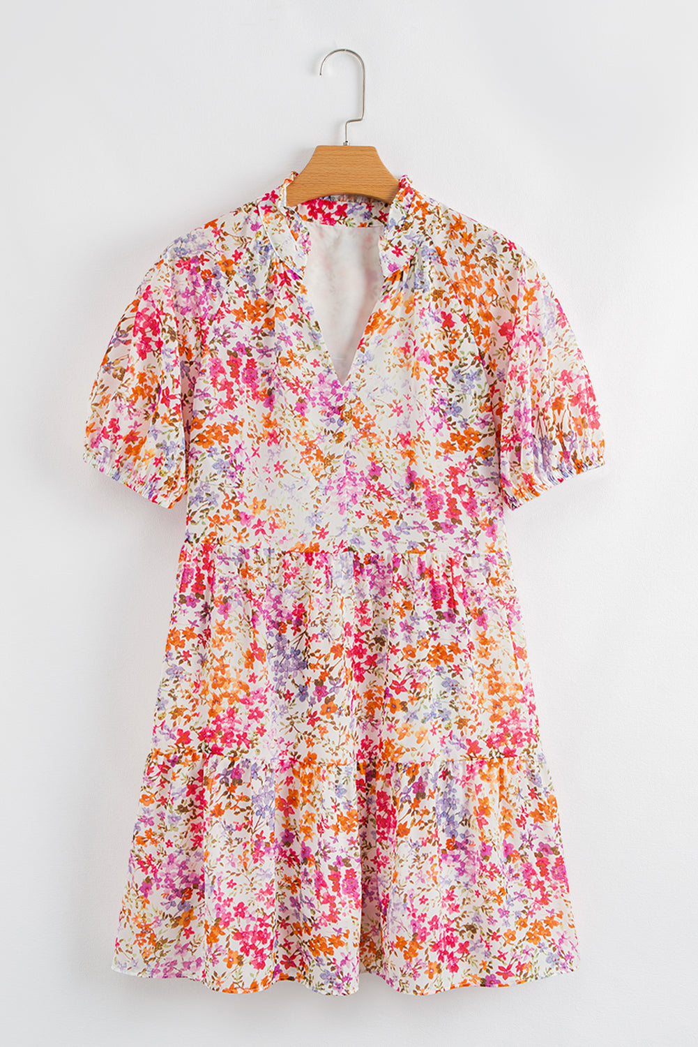 Floral Notched V Neck Tiered Mini Dress