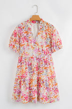 Floral Notched V Neck Tiered Mini Dress