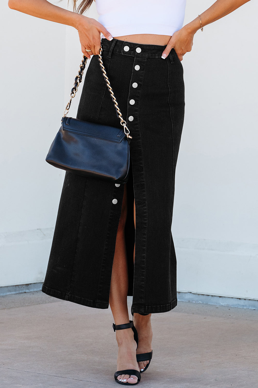 Black Side Split High Waist Denim Midi Skirt