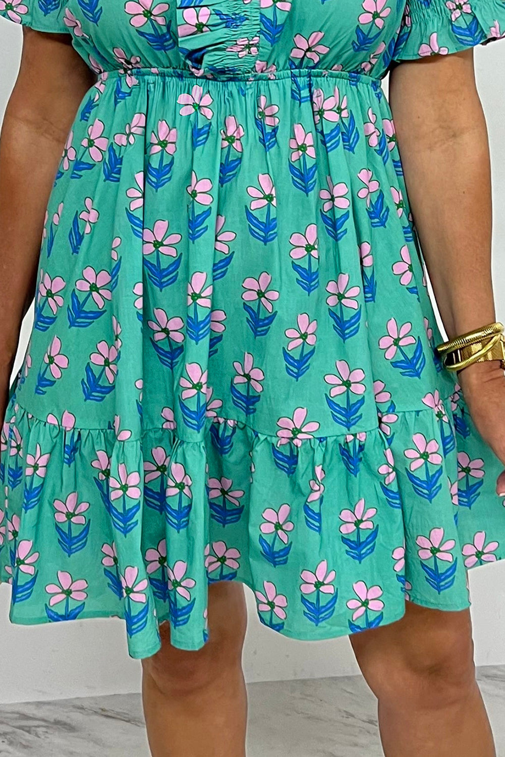 Green Floral High Waist Mini Dress