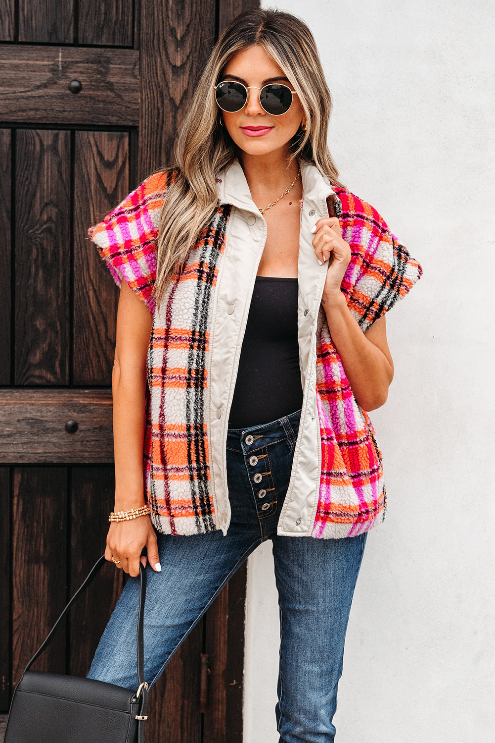 Rose Sherpa Plaid Vest