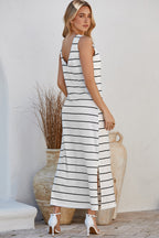 White Stripe Print Open Back Maxi Dress with Slits