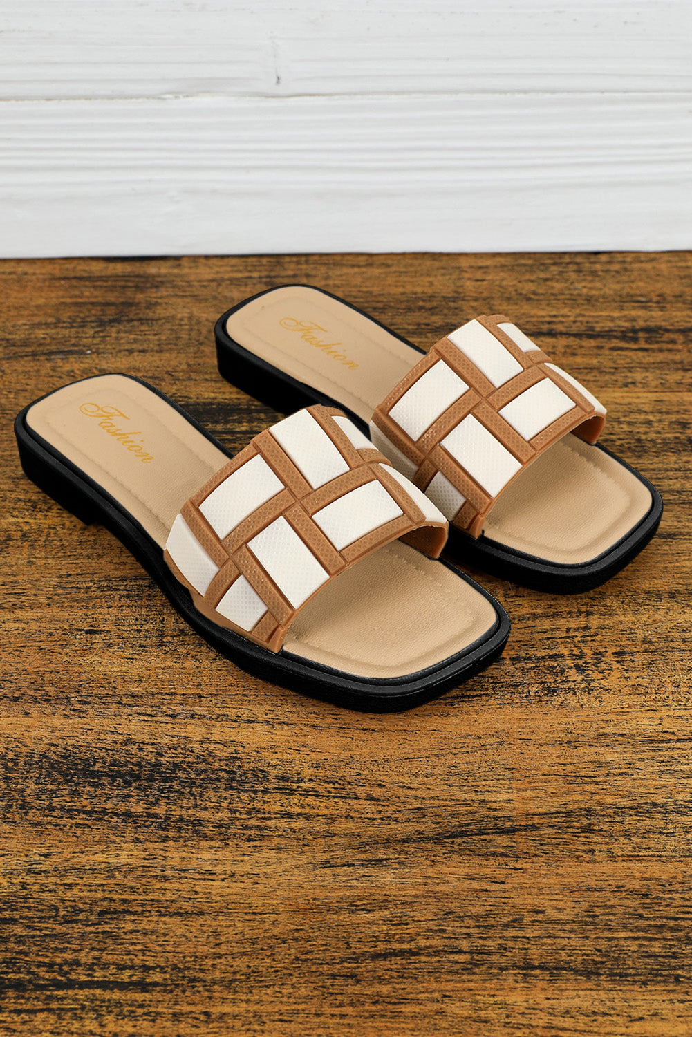 Beige Two Tone  Square Toe Slippers