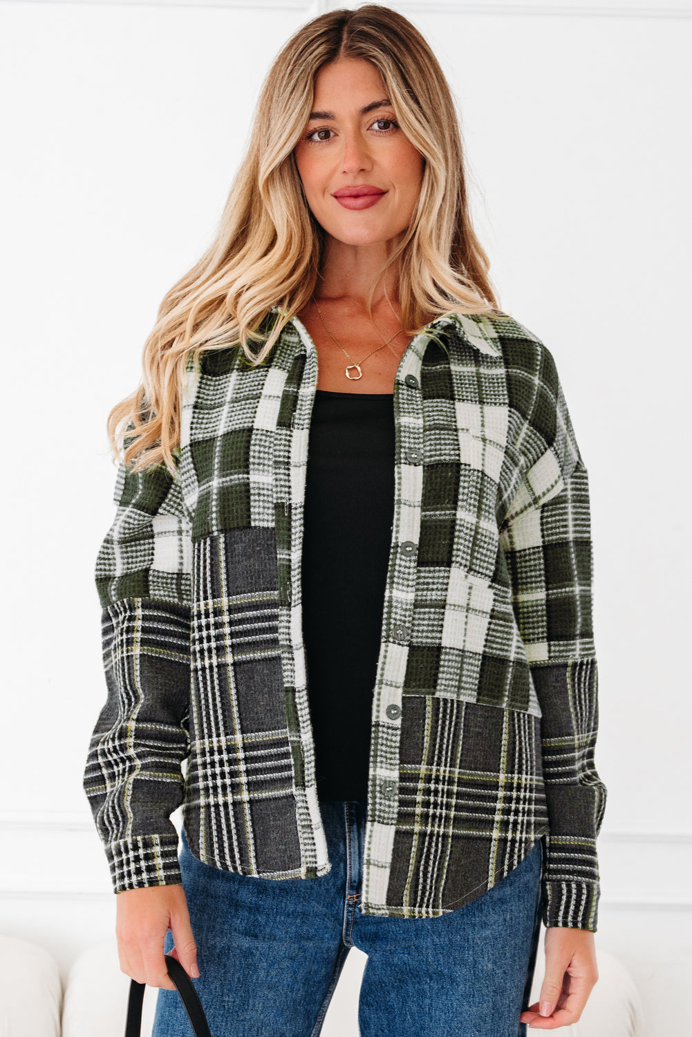 Plaid Textured Knit Buttoned Shacket