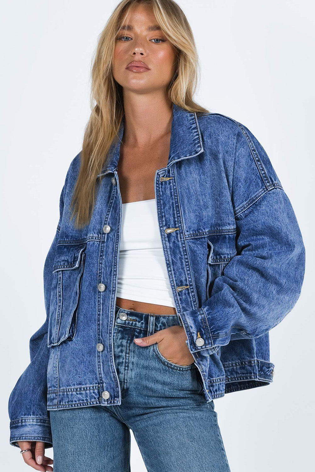 Blue Drop Shoulder Loose Denim Jacket