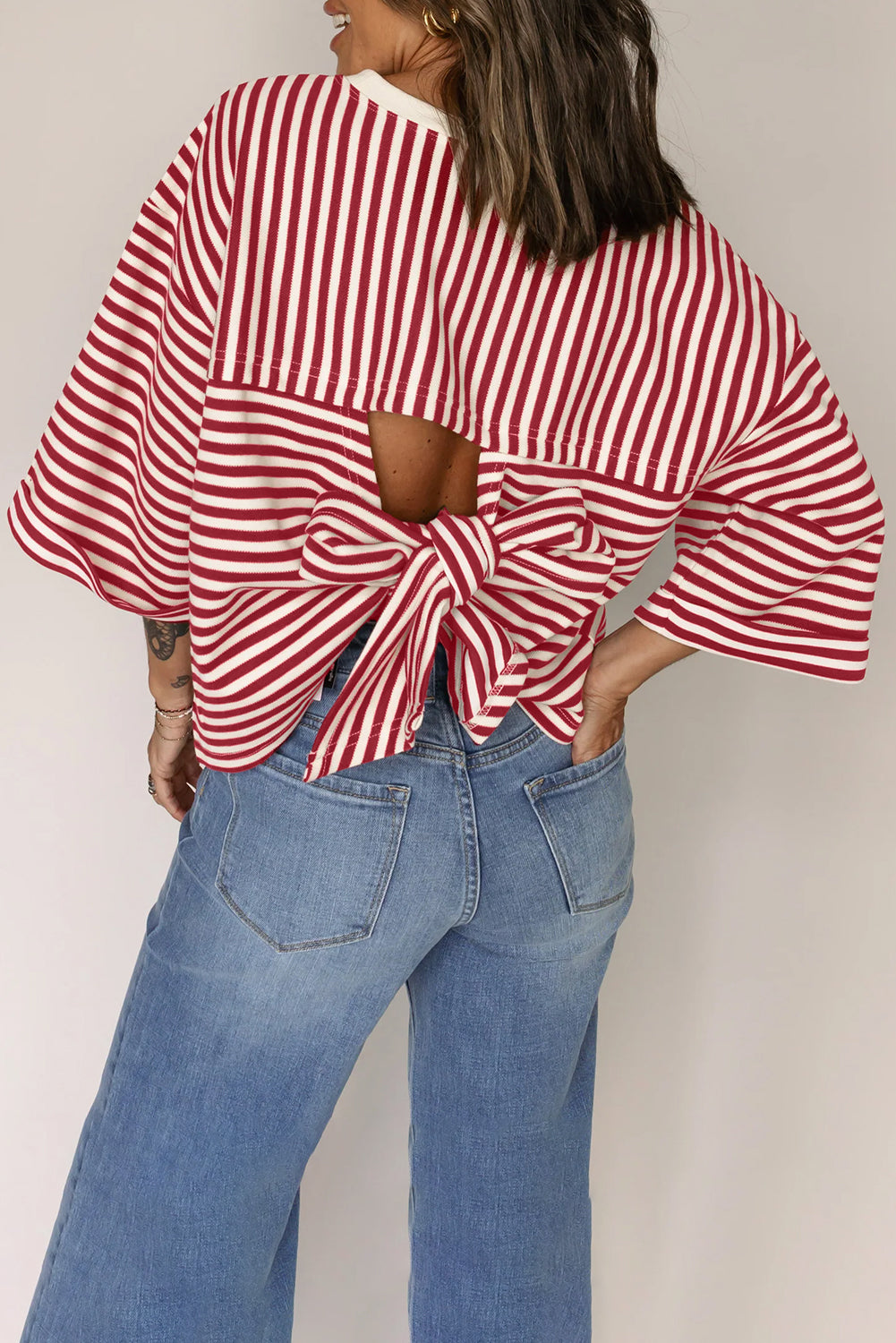 Red Stripe Bowknot Cutout Back Drop Shoulder Tee