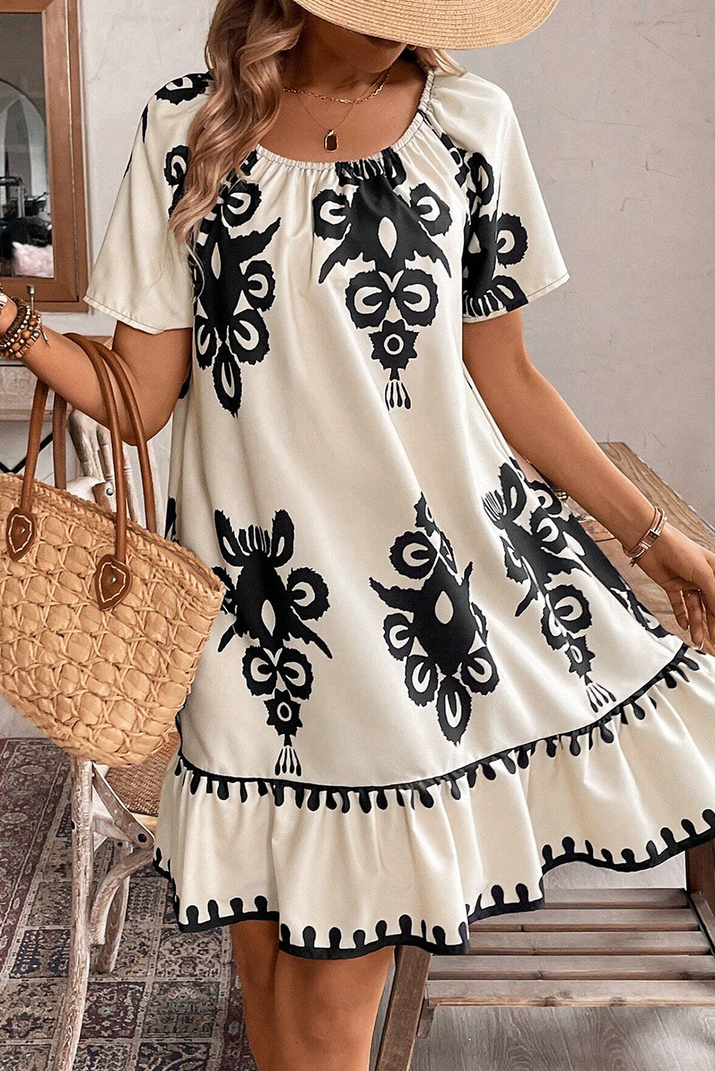 Western Print Ruffled Loose Dress