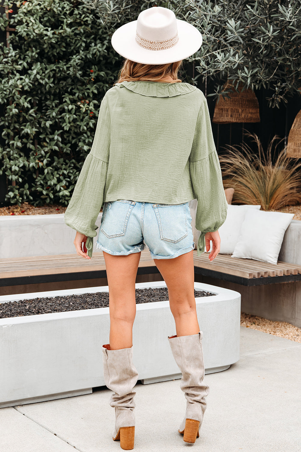 Mist Green Bow Tie Long Sleeve Blouse