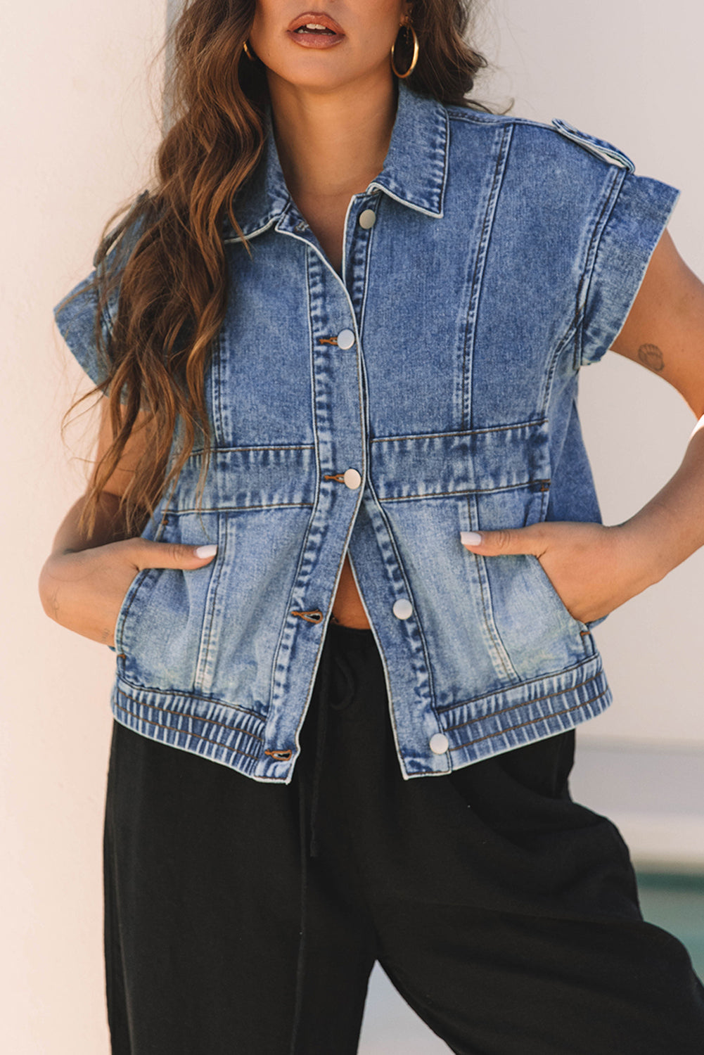 Acid Wash Elastic Hem Button Up Denim Vest