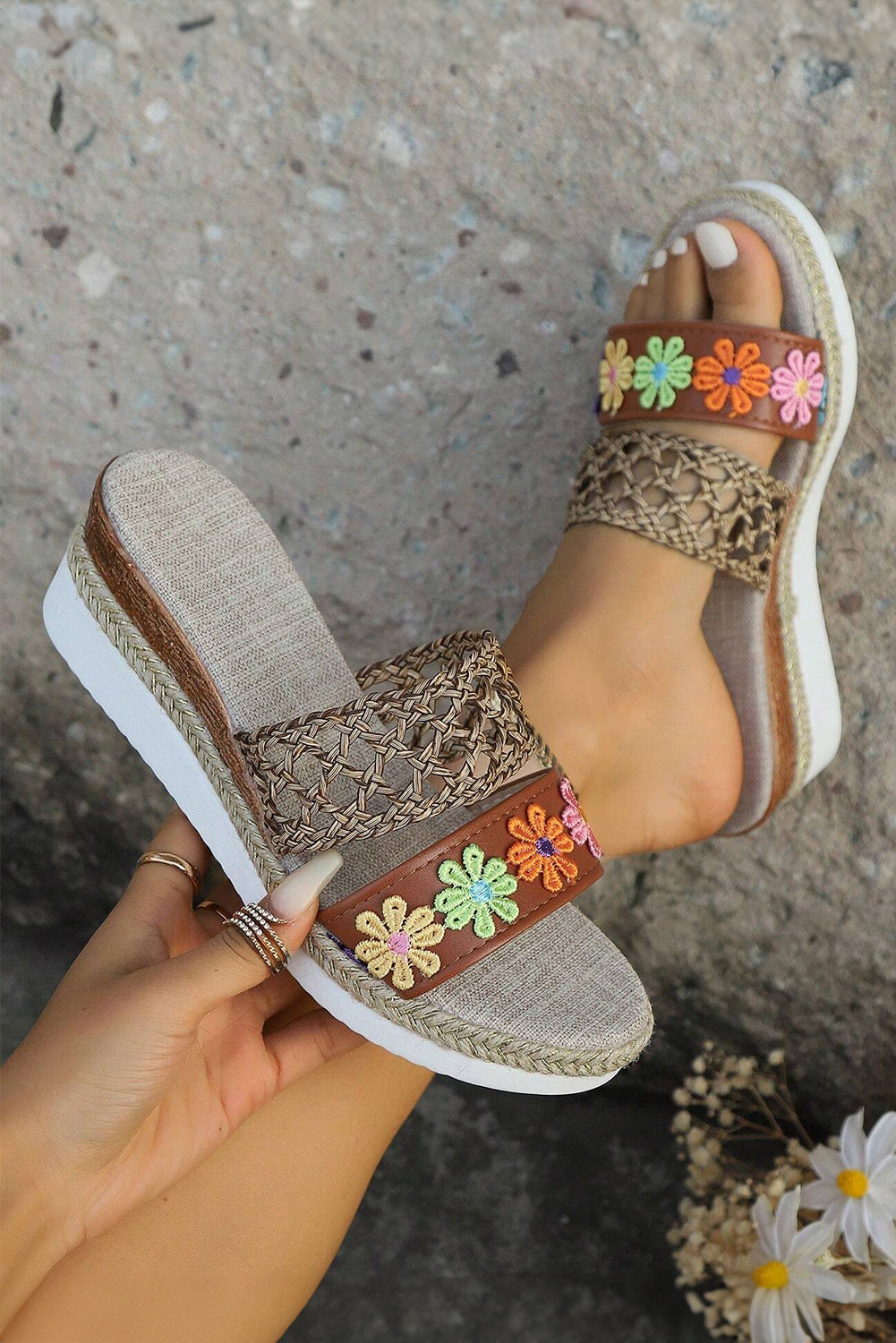 Floral Print Braided Wedge Slippers