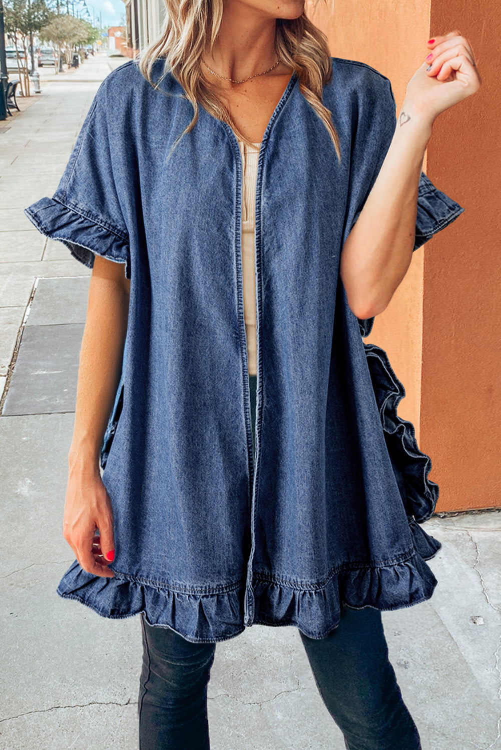 Chambray Ruffle Hem Open Loose Kimono