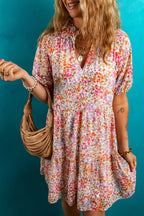 Floral Notched V Neck Tiered Mini Dress