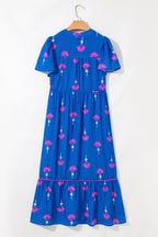 Blue Floral Print Notched Neck Butterfly Sleeve Shift Long Dress