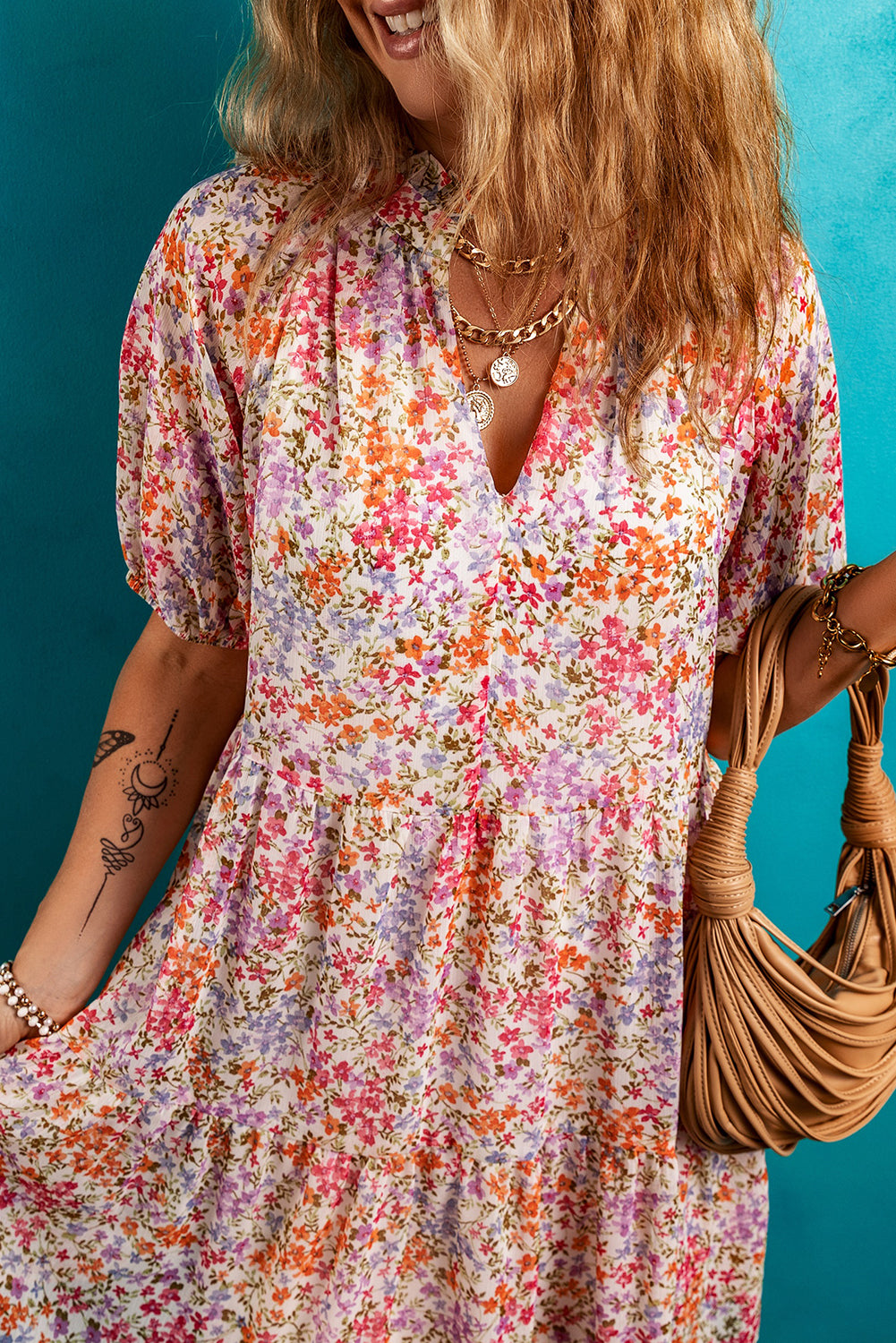 Floral Notched V Neck Tiered Mini Dress