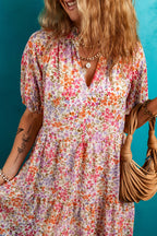 Floral Notched V Neck Tiered Mini Dress