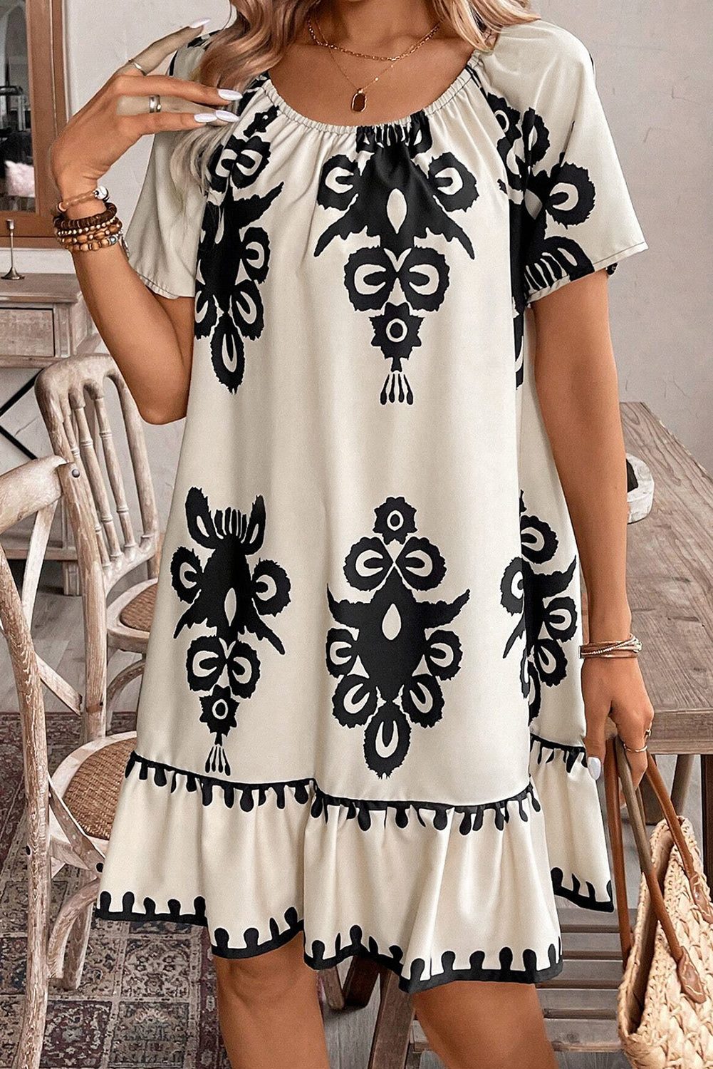 Western Print Ruffled Loose Dress