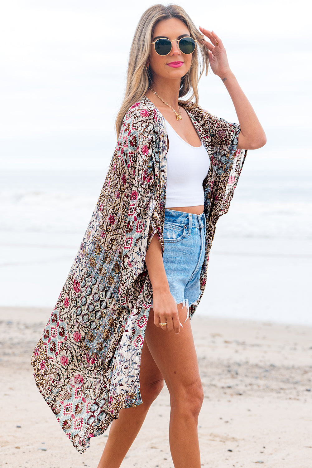 Apricot Floral Print Open Front Loose Kimono