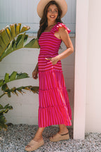 Rose Stripe Flutter Sleeve Smocked Bodice Tiered Maxi Dress