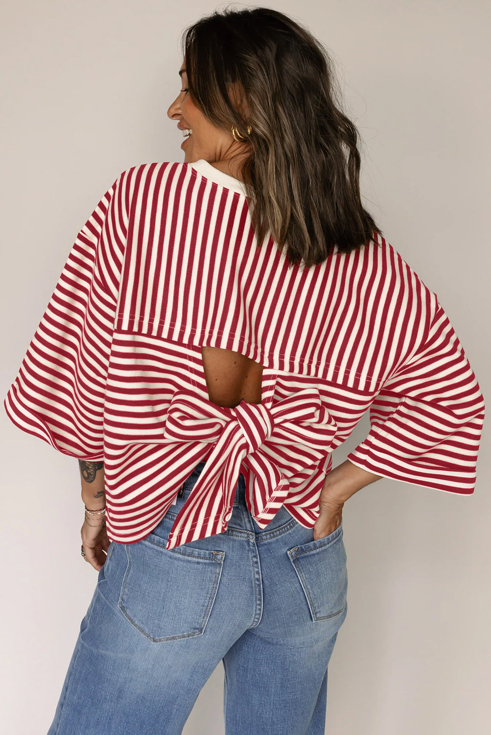 Red Stripe Bowknot Cutout Back Drop Shoulder Tee