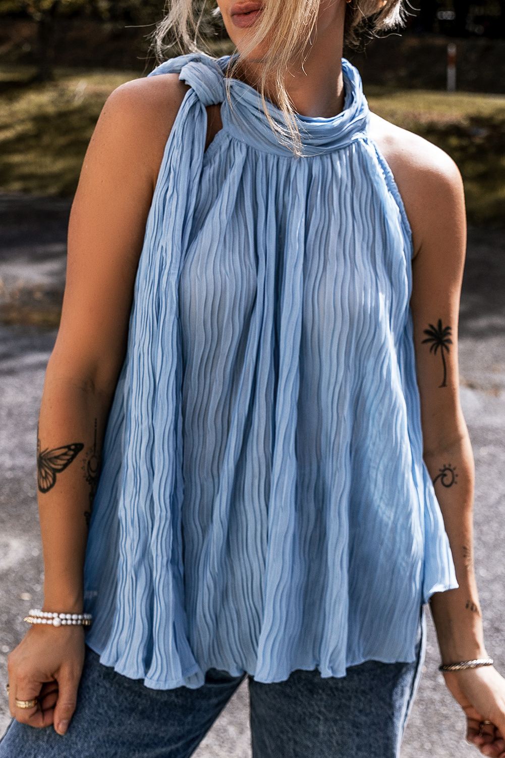 Pleated Tied Mock Neck Tank Top